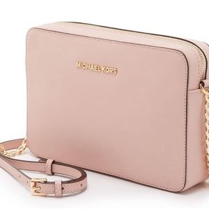 Michael Kors Jet Set Powder Blush Pink Leather Crossbody With Gold Zips
